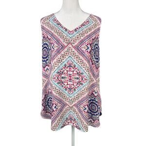 Chico's 2 L Reversible Tank Top V-Neck Pink Blue White Geometric Blouse
